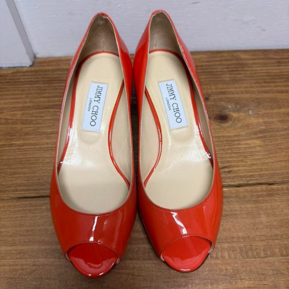 Jimmy Choo orange patent leather peep toe pumps